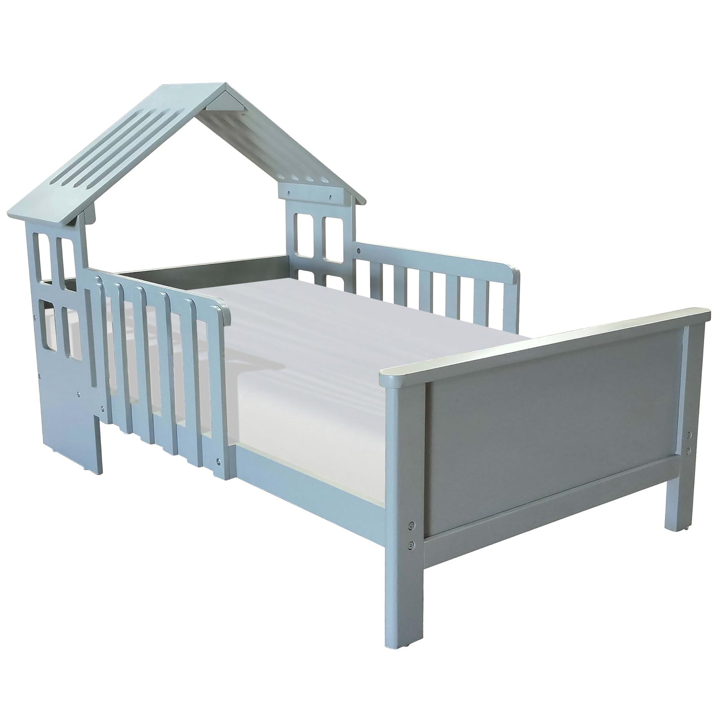 Little Partners Lil' House Toddler Bed, Solid Wood Home-Shaped Child's Bed Frame with Rails & Two Safety Guards, Fits Crib Size Mattress, Easy Access Low-to-Ground Modern Design (Silver Drop)