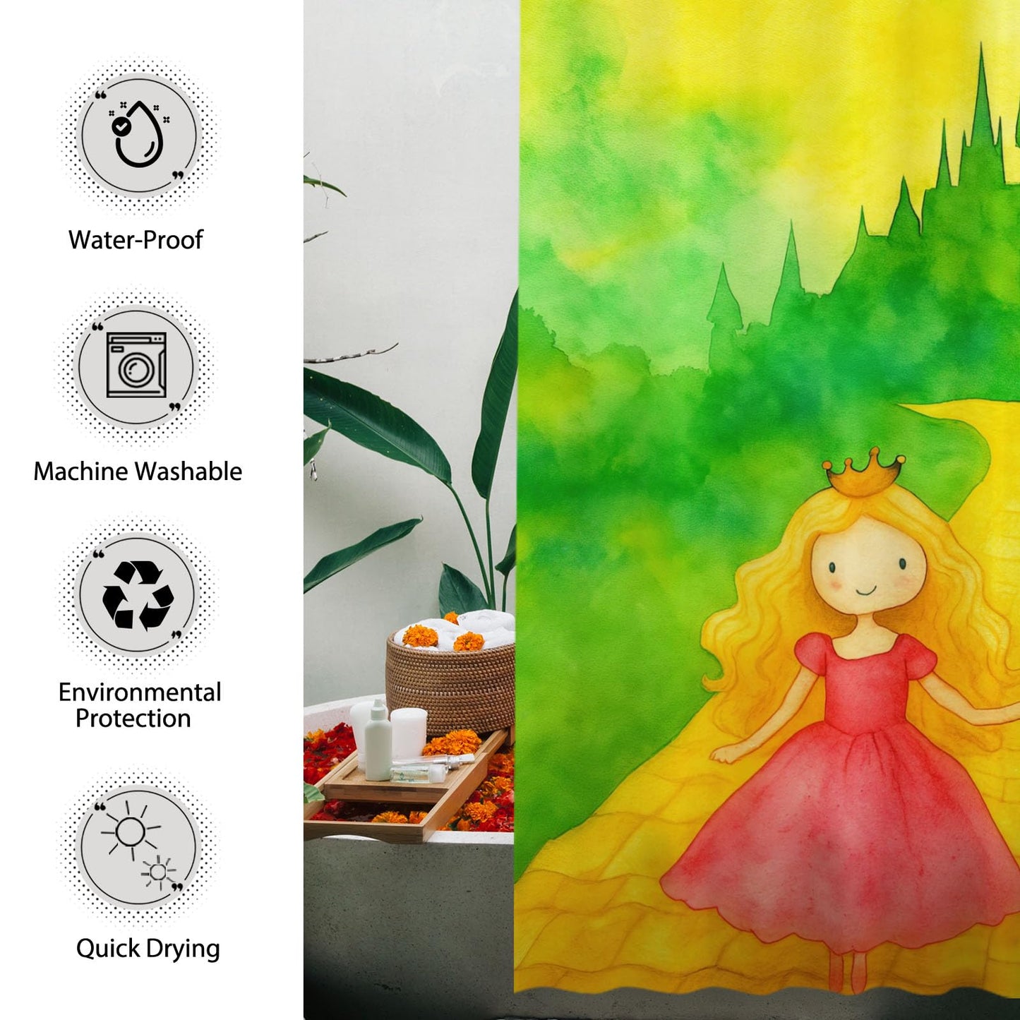 Funnytree Cute Witch Pink Princess Shower Curtain 72"x72" - Waterproof Fabric Bathroom Decor for Women,Teens,Girls,Fans,Daughter, Durable Easy Care Washable (Hooks Not Included)