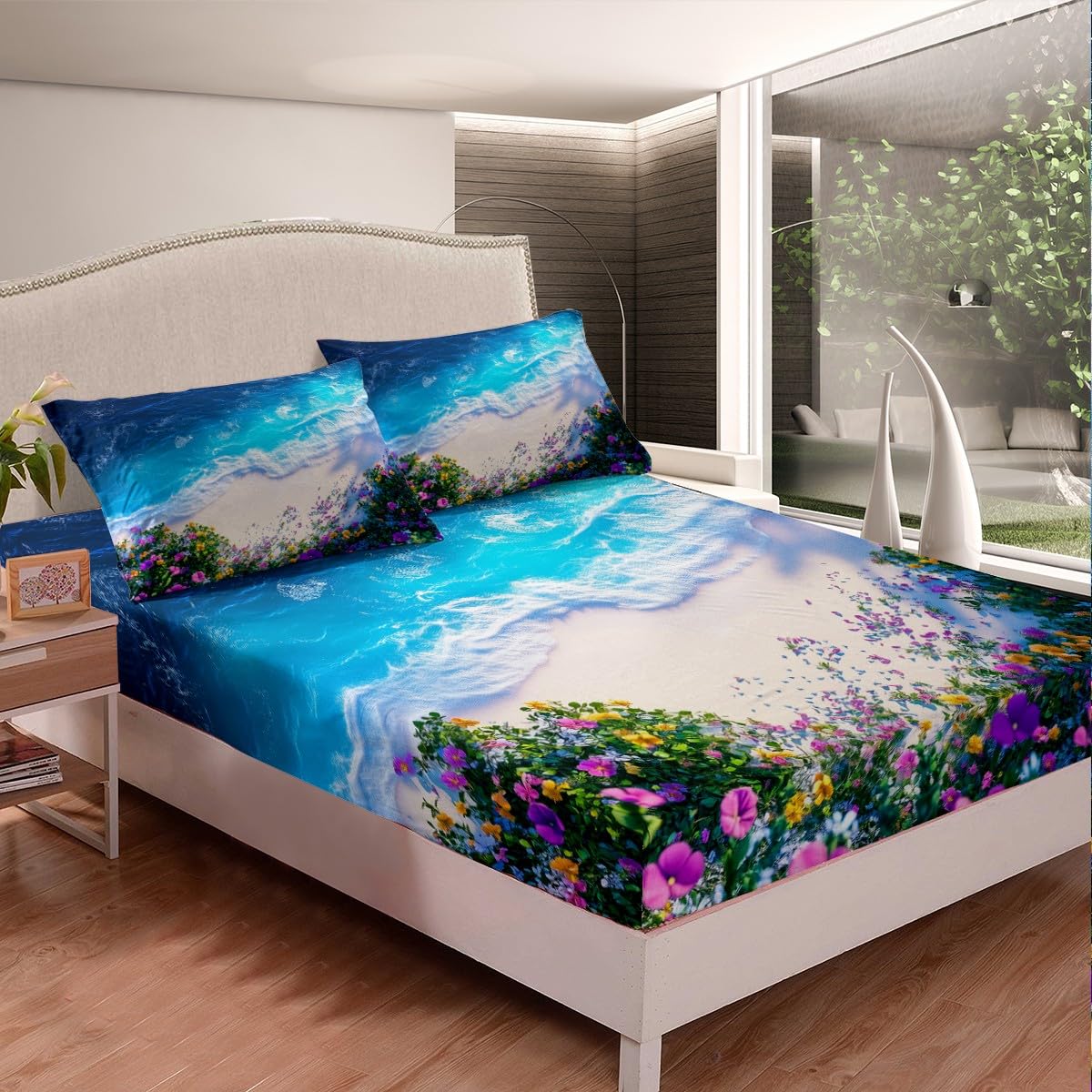 Feelyou Pretty Ocean Beach Bedding Sheets Full Cute Flower Bed Sheet Set for Adult Kids Blue Purple Yellow Fitted Sheet Beach Theme Bed Cover 3Pcs,1 Fitted Sheet+2 Pillow Sham（No Flat Sheet）