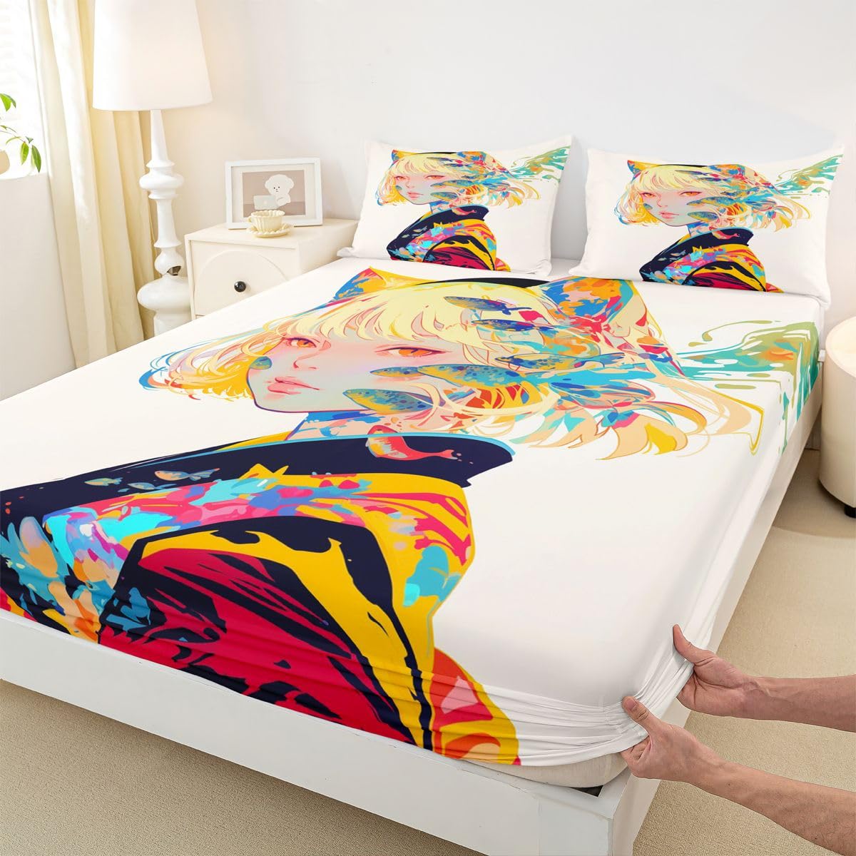 3D Anime Bed Sheets Japanese Girl Style Bed Set Queen for Cartoon Fans Fitted Sheet, Kawaii Anime Design Pattern Sheets with 2 Pillow Cases, Anime Gifts for Girls Anime Lover
