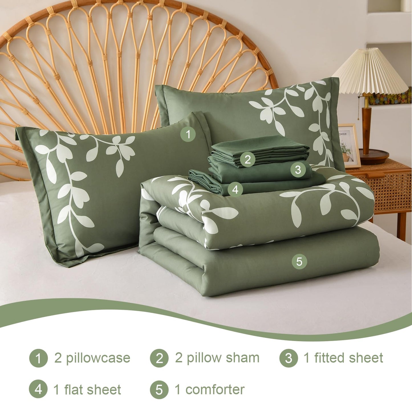 METAHOTS Queen Size Comforter Set - 7 Piece Floral Botanical on Green Comforter Sets with Sheets and Pillows, Soft Lightweight Microfiber Bedding Set for All Season(90"X90")