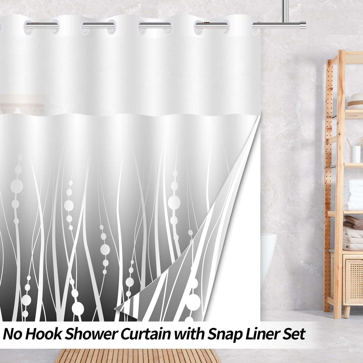 Pksoiil No Hook Stripe Shower Curtain and Liner Set Black Grey Gradient Background with White Stripes Hotel Shower Curtain Design 71x74inch