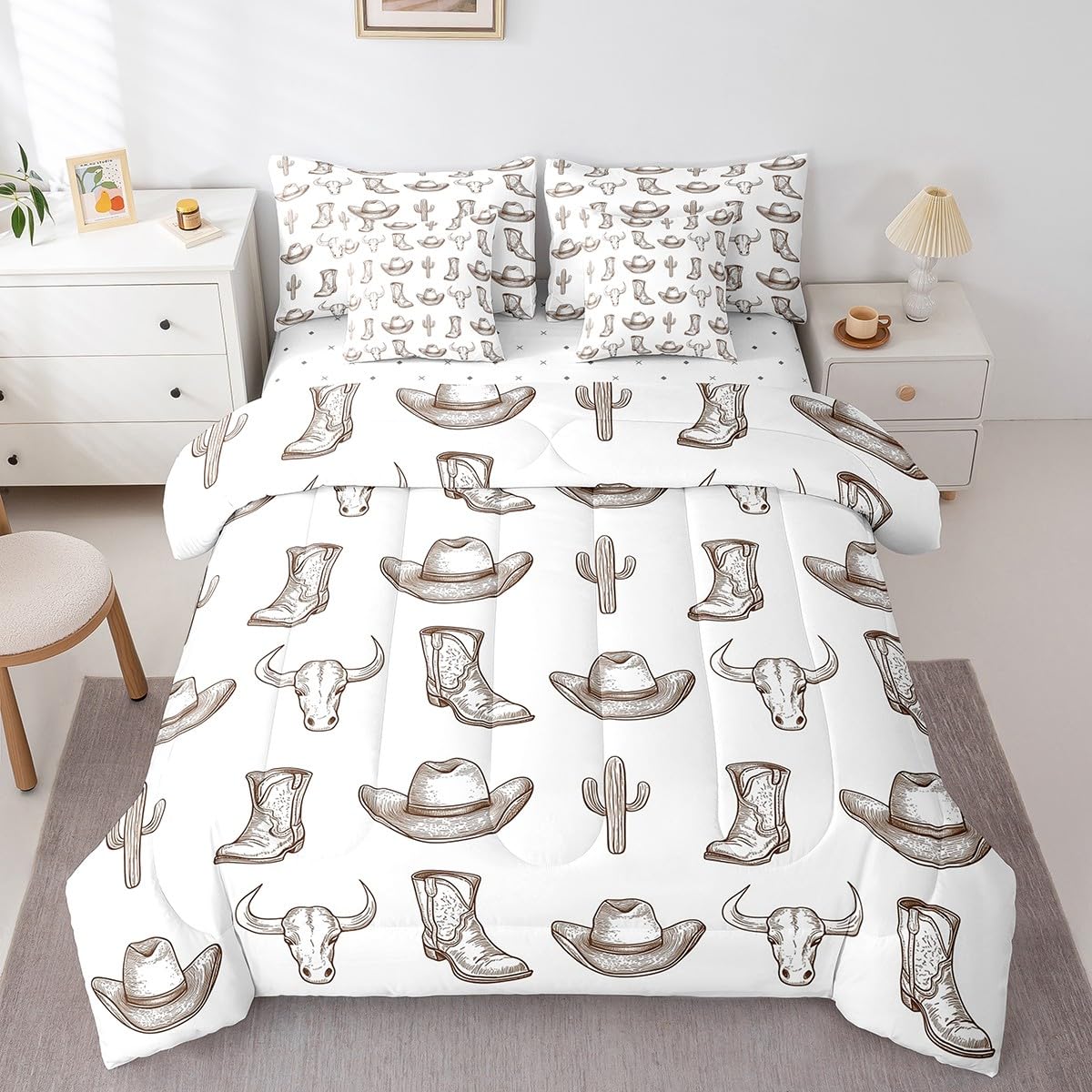 jejeloiu West Cowboy Comforter Set with Sheets Twin Size Kids Cow Skull Brown 7 Pieces Bedding Set for Boys Girls Teens Cactus Hat Boots Bed in a Bag Breathable Rodeo Cowboy Bed Set Room Decor