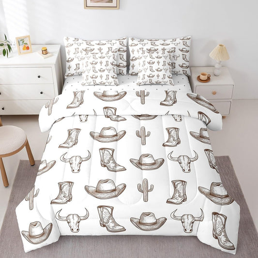 jejeloiu West Cowboy Comforter Set with Sheets Twin Size Kids Cow Skull Brown 7 Pieces Bedding Set for Boys Girls Teens Cactus Hat Boots Bed in a Bag Breathable Rodeo Cowboy Bed Set Room Decor