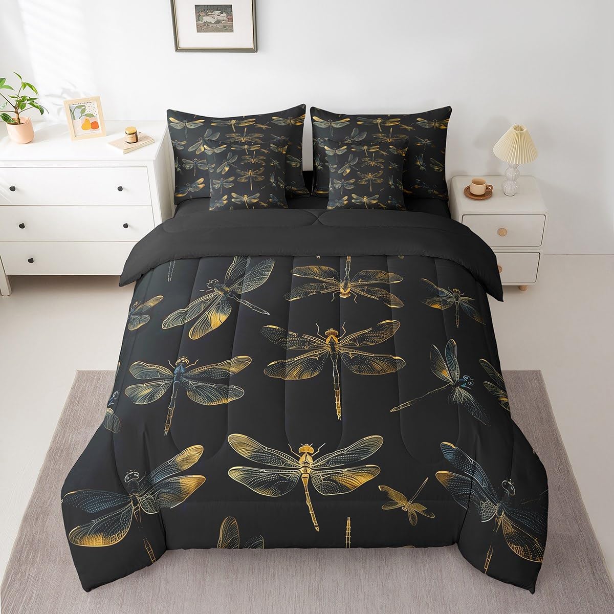 Erosebridal Ombre Dragonflies Bed in a Bag,Gradient Dragonfly Comforter Set Queen,Flying Insects Wildlife Animal Bedding Set 7Pcs