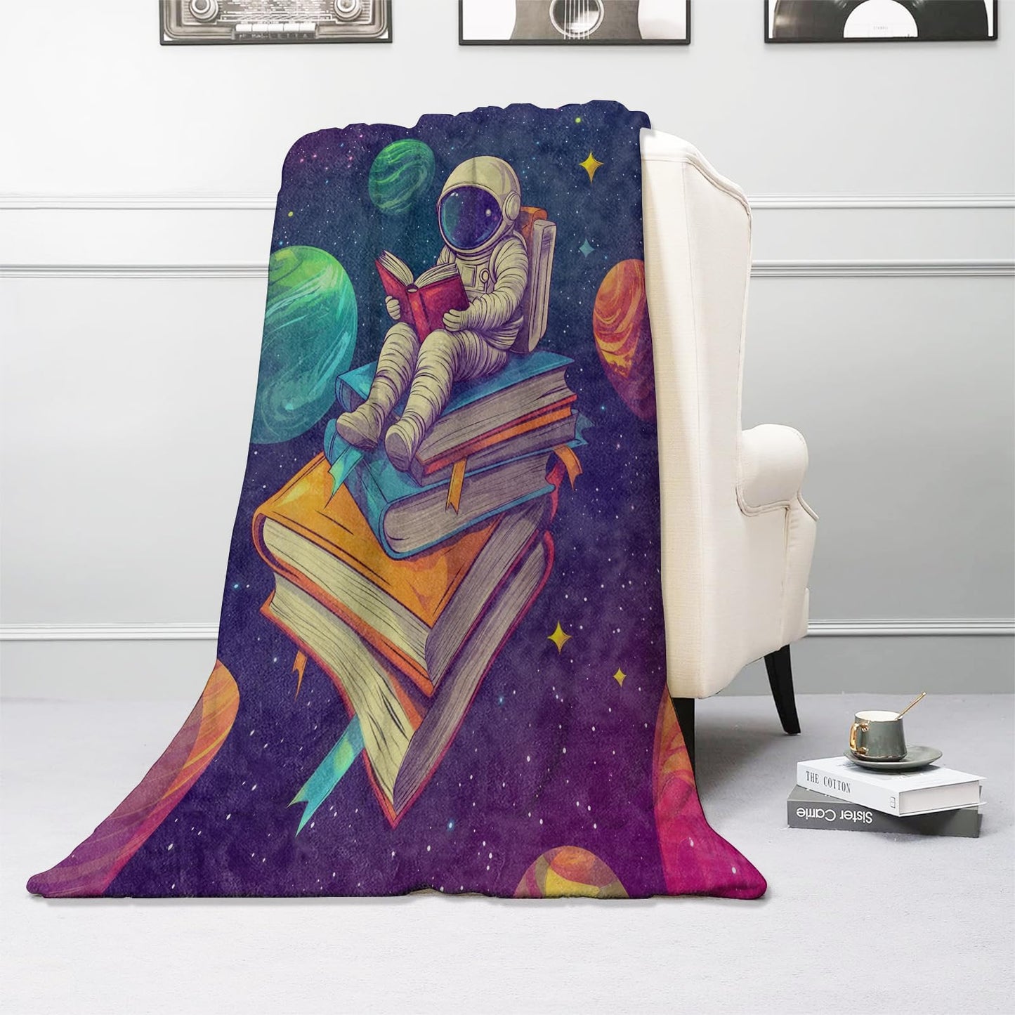Kibue Space Reading Astronaut Blanket, Soft & Warm Flannel Throw - Cozy Lightweight Blankets for Travel, Decor, Bedroom, Office, Sofa for Adults Kids - Ideal for All Seasons 60"×50"