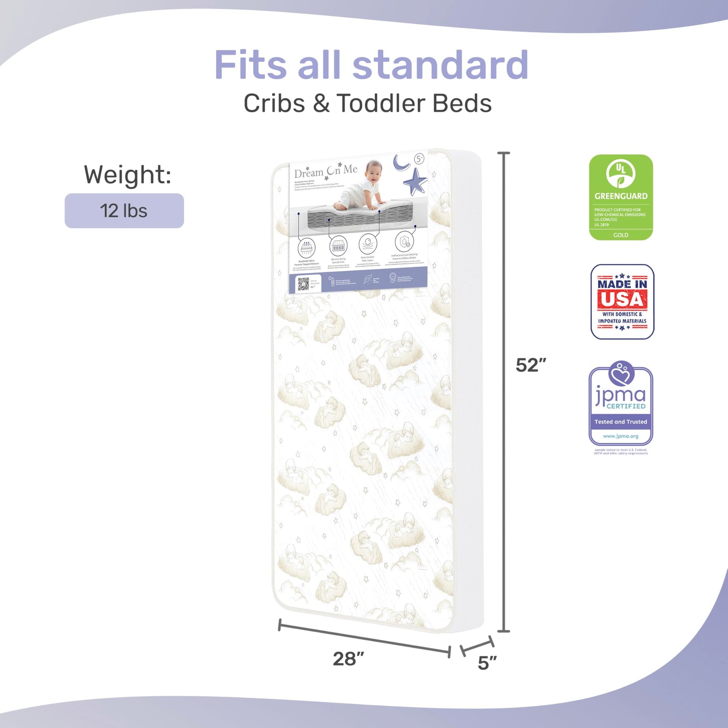 Dream On Me Twilight 5” 2-in-1 Breathable Spring Coil Crib & Toddler Mattress – Firm Infant Side & Plush Toddler Side, Reversible Design, Waterproof Vinyl Cover, GREENGUARD Gold & BSA Certified