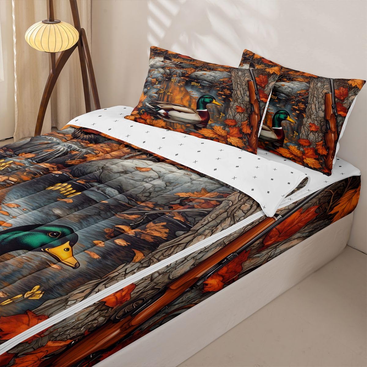 jejeloiu Mallard Duck Twin Zipper Bedding Set Hunting Wildlife Kids Comforter Set with Fitted Sheet and 2 Pillowcases Autumn Pond Bed in a Bag Duck Zip Up Bedding Soft Microfiber