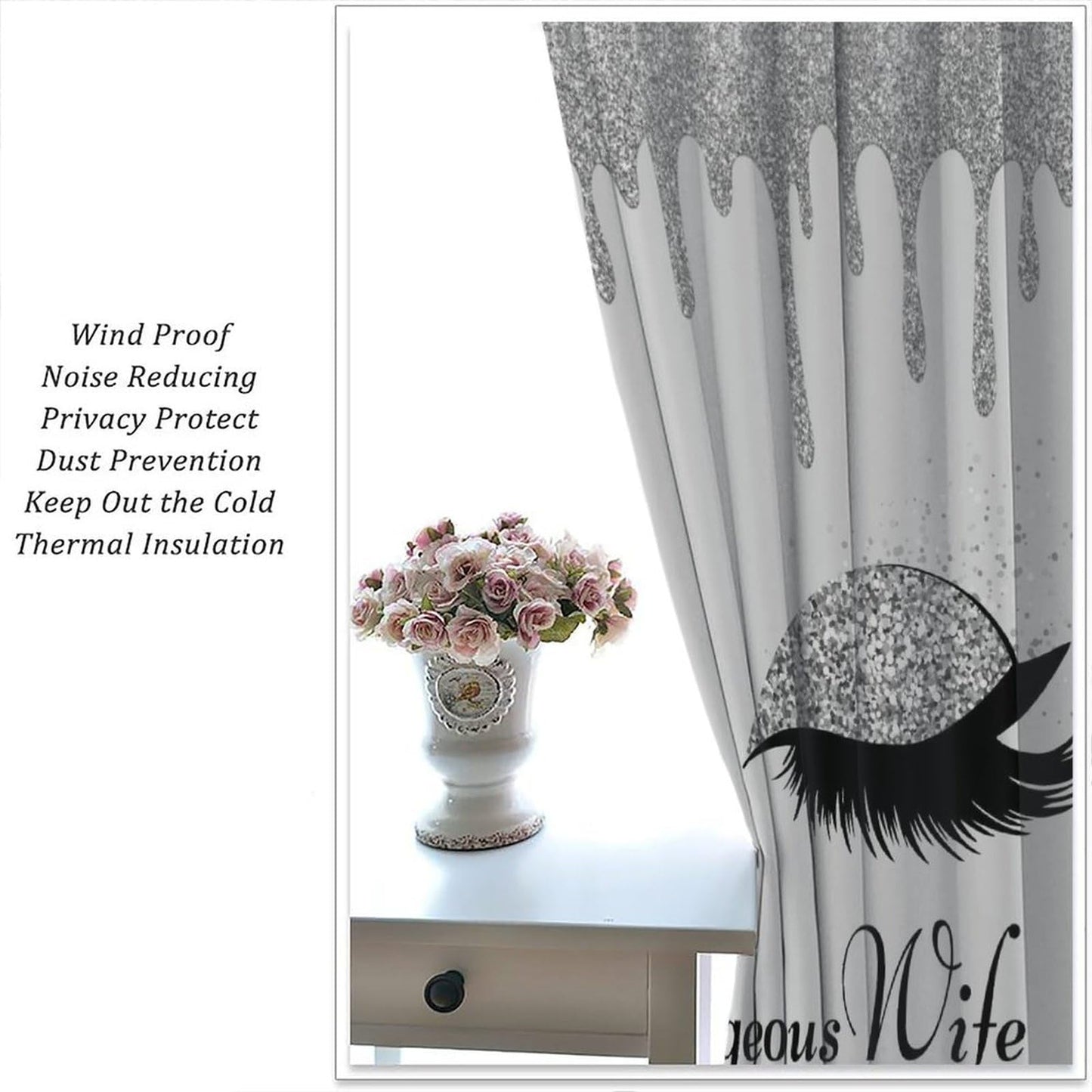 VUMIVI Hello Gorgeous Curtains Silver Drip Eyelashes Makeup Fashion Trend Window Treatments for Girls Kids Bedroom Living Dining Room 42" W X 44.5" L