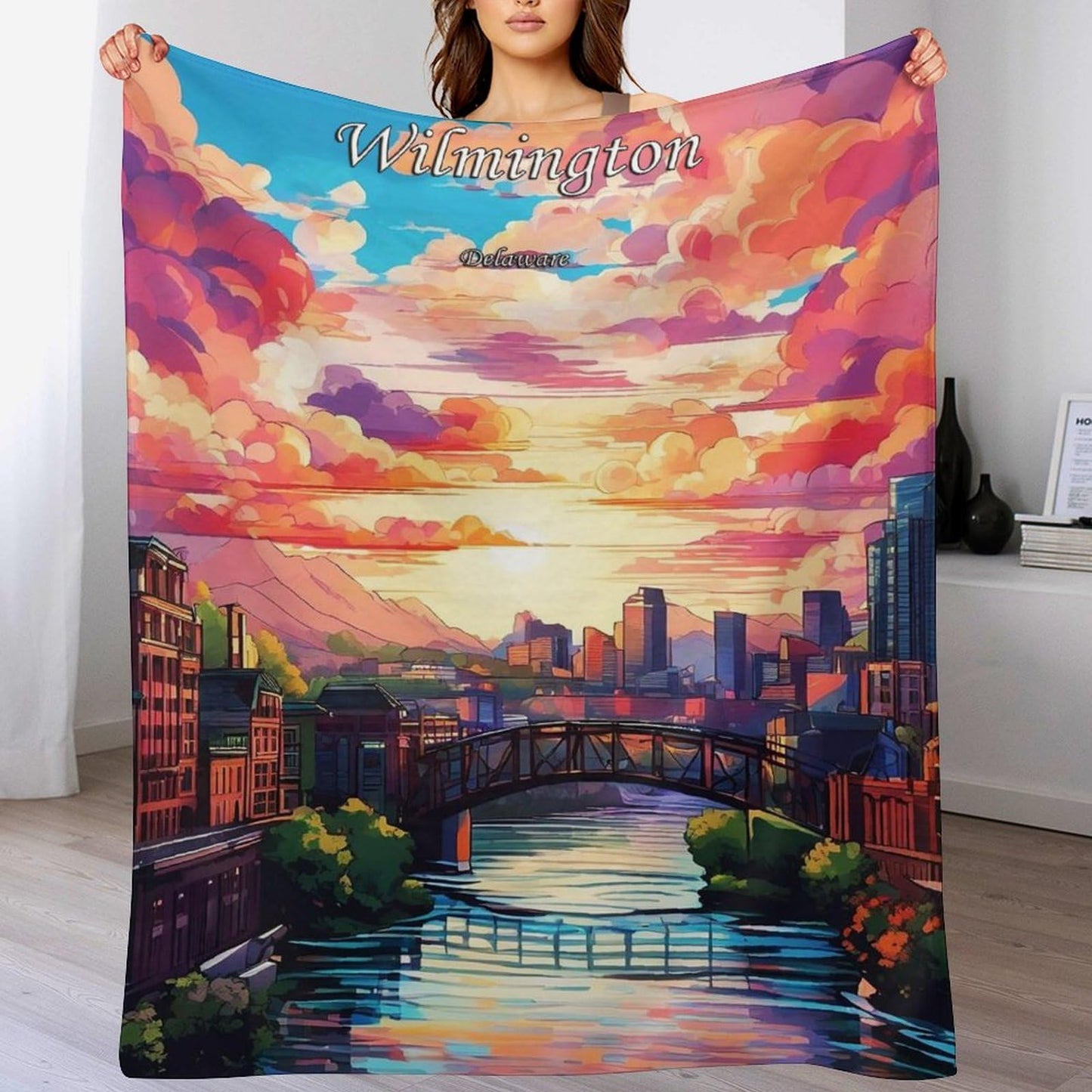 Wilmington Delaware City Skyline Landscape Abstract Blanket Soft Flannel Lightweight Blanket Outdoor Travel Carry Living Room Bedroom Sofa Decoration Gifts 60x80 Inch