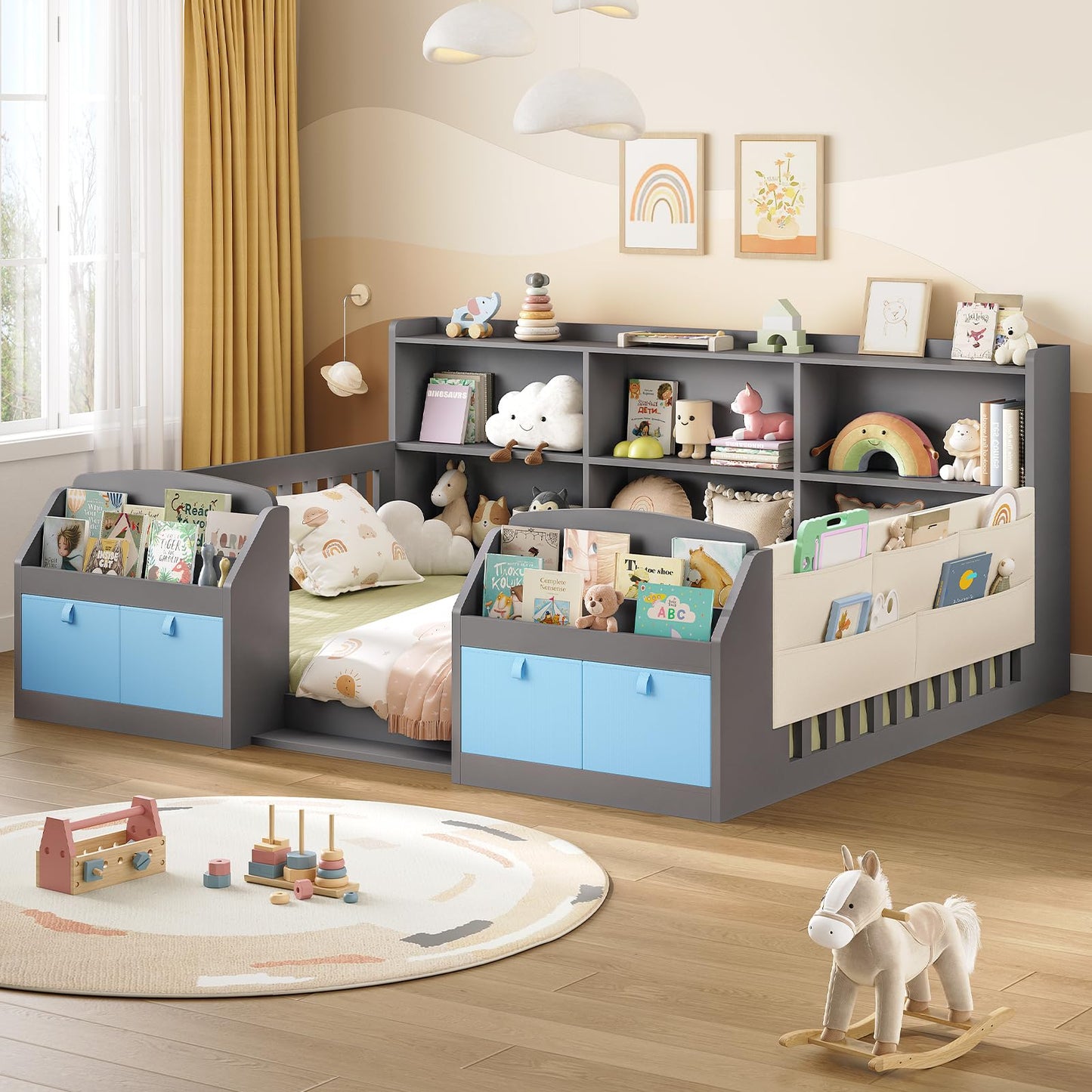AOGLLATI Full Size Floor Wooden Montessori Bed Frame for Kids Boys Girls with 4 Fabric Drawers, Both Sides Bookshelves, 2-Tier Side Shelf, Side Pockets and Rails, Without Slats, Grey