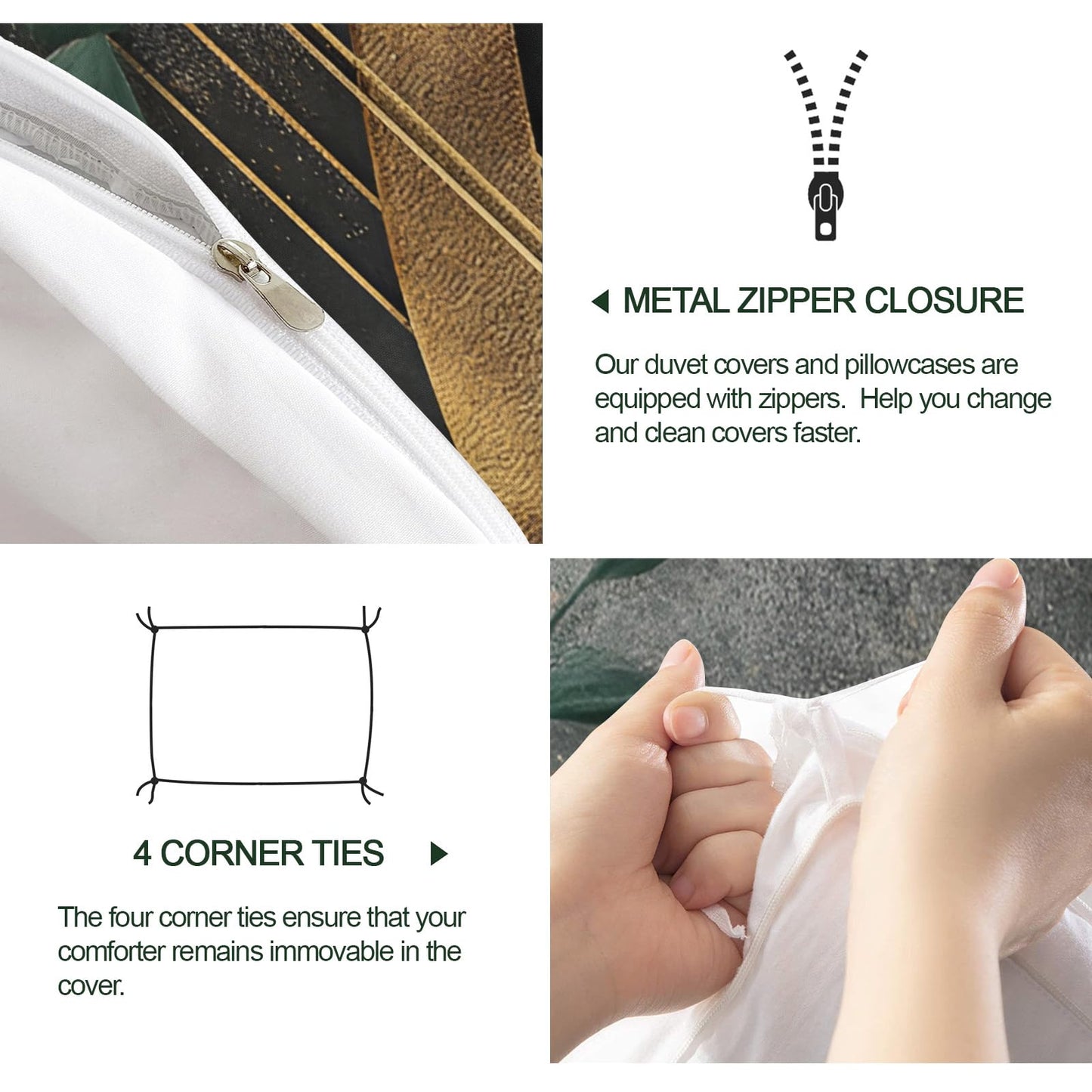 GKPLY Geometric Bedding Green Leaves Duvet Cover Full Modern Abstract Comforter Cover with Zipper & Ties - 3 Pieces with 2 Pillowcases - Home Decor & Gifts Black and Grey Design