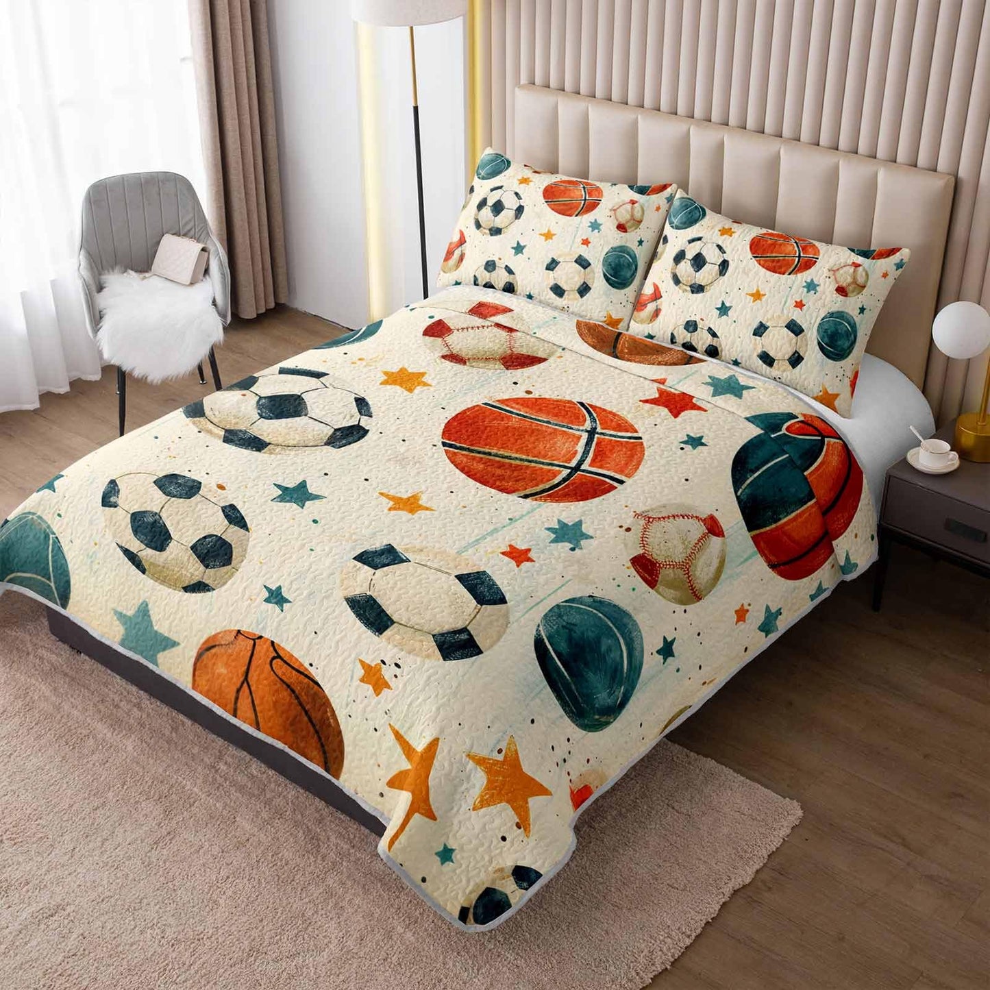 AILONEN Full Quilted Comforter Set 3 Piece, Hand-Drawn Ball Game Bedspread Coverlet with 2 Pillowcases, Soft Sporty Bedding for Teens Guest Apartment Beige Sketchy Starry Theme Athletic