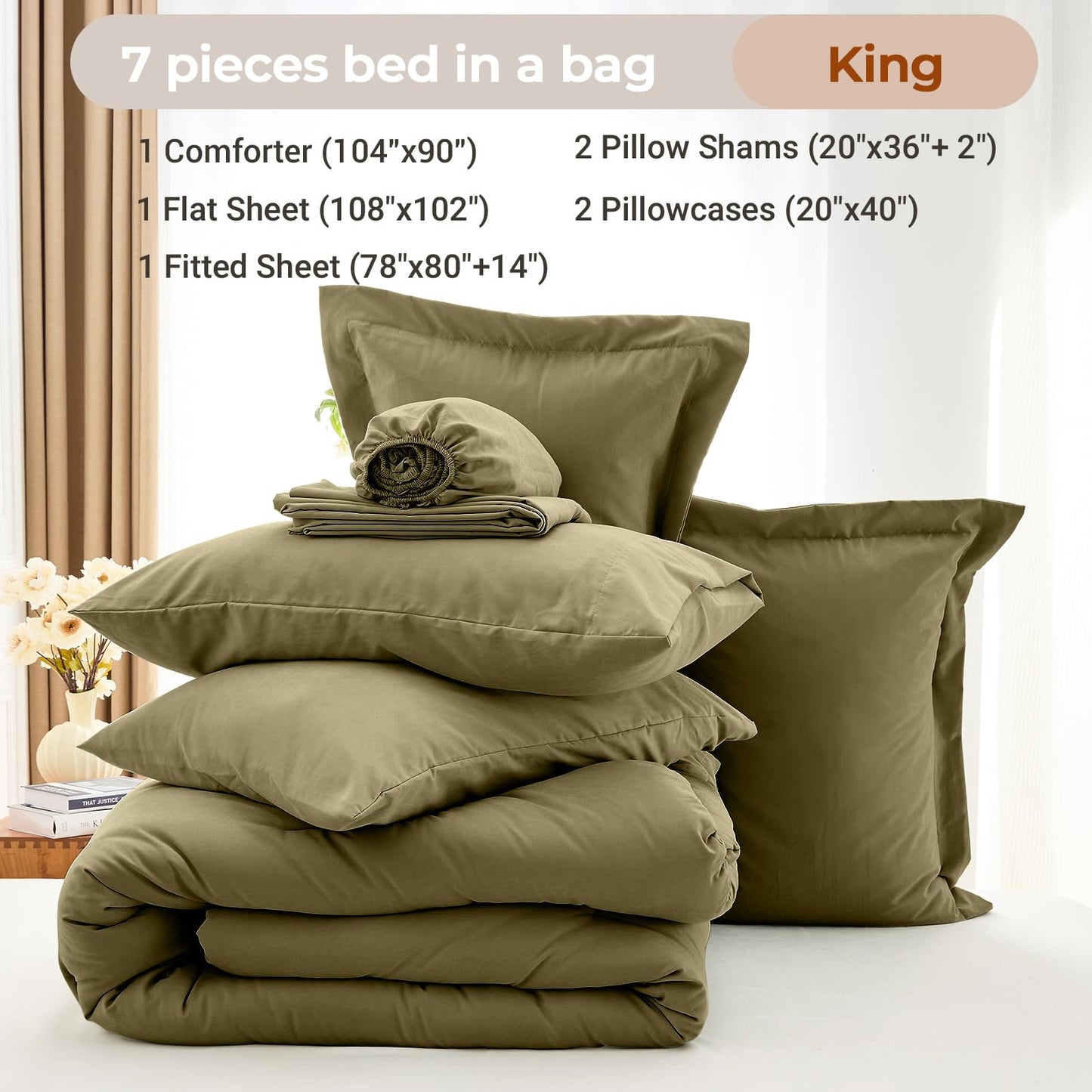 MUXHOMO 7 Pieces King Comforter Set, Soft Bed in a Bag King Size, All Season Bedding Set with Comforter, Flat Sheet, Fitted Sheet, Pillowcases & Shams, Olive Green