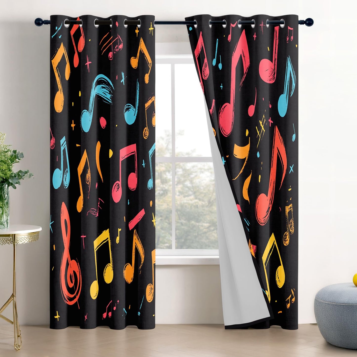 Music Curtains Blackout, Colorful Musical Note Patterned Curtains 63 Inch Length 2 Panels Set, Room Darkening Thermal Insulated Grommet Drapes for Bedroom Living Room