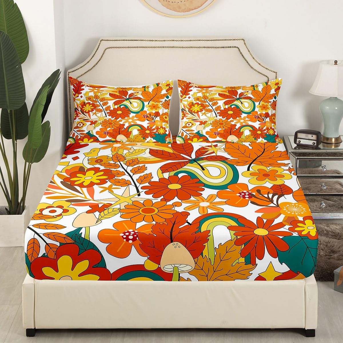 70S Groovy Hippie Flower Bed Sheets Girls Boho Rainbow Leaves Mushroom Pumpkin Flowers Sheet Set Full,Vintage Wavy Floral Bedding Set Aesthetic Psychedelic Fitted Sheet + Flat Sheet + 2 Pillow Cases