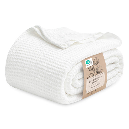 Bedsure 100% Cotton Blanket Queen Size for Bed - Cooling Breathable and Soft for Summer, Thick Cozy Waffle Weave Blanket Gifts for Women, White, 90x90 Inches