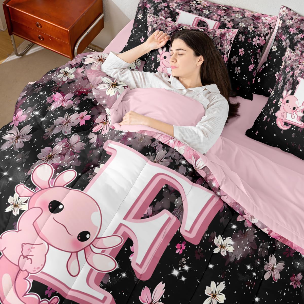Erosebridal Pink Axolotl Bedding Set for Teen Girl (Pink Black,7Pcs,Twin Size) - Cute Initial Letter F Bed in A Bag Cherry Blossom Comforter Set Girly Preppy Cute Axolotl Quilt with Initial Design