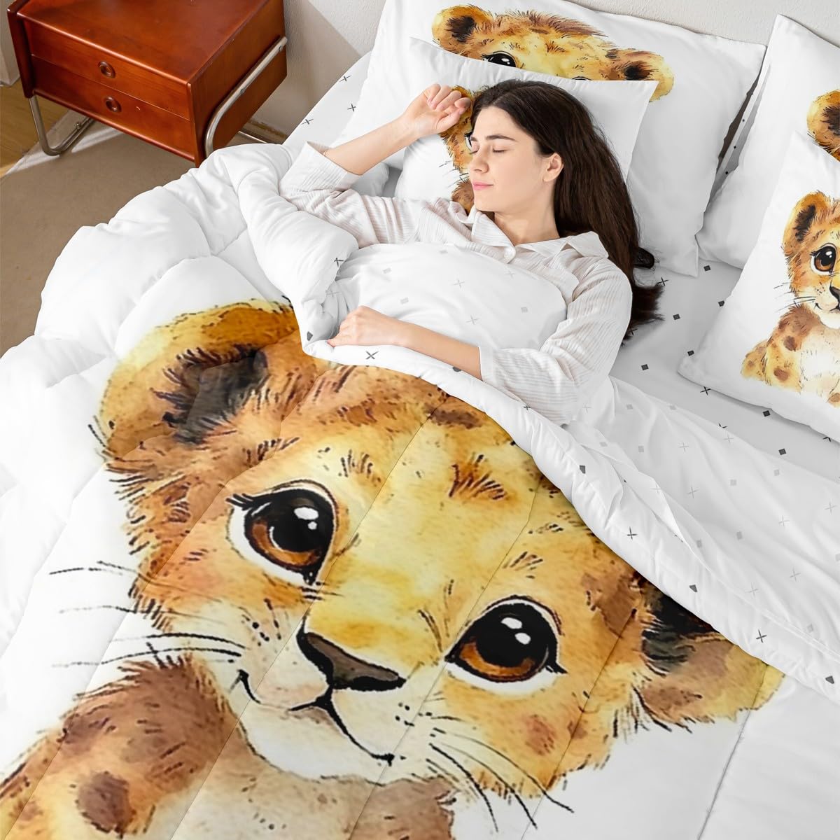 Erosebridal Kawaii Lion Twin Size Comforter Set with Sheets Kids | African Jungle Animal 7-Piece Bedding Set Tropical Forest Wildlife Pattern Bed in a Bag Cartoon Wild Safari Animal Bed Quilt Sets