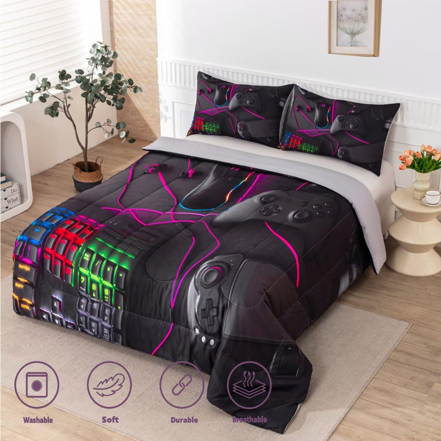 GRAT TIOC Gaming Comforter for Boys Teens,Game Bedding Sets Twin,Kids Gamer Comforter Set,Video Game Bedroom Bed Set Controller Duvet All Season 3 Piece
