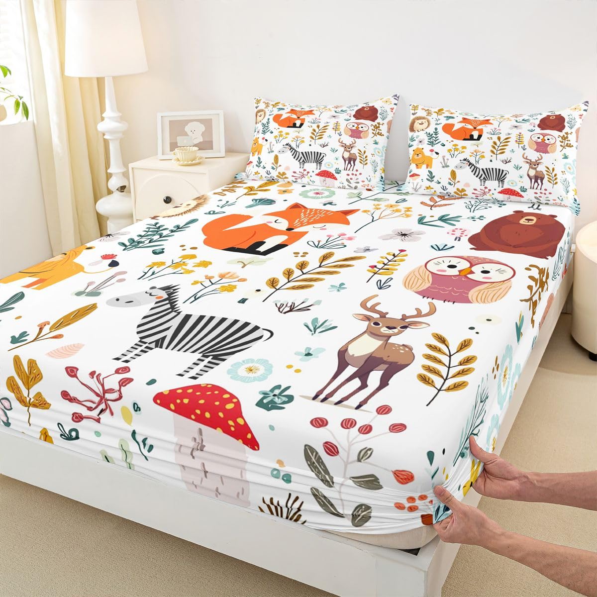 Erosebridal Kids Fox Bed Sheets Set King Size,Cartoon Bear Deer Bedding Set Cute Flower Animal Sheet Set for Boys Girls,Wild Flower Leaf Decor Fitted Sheet Flat Sheet 2 Pillow Cases