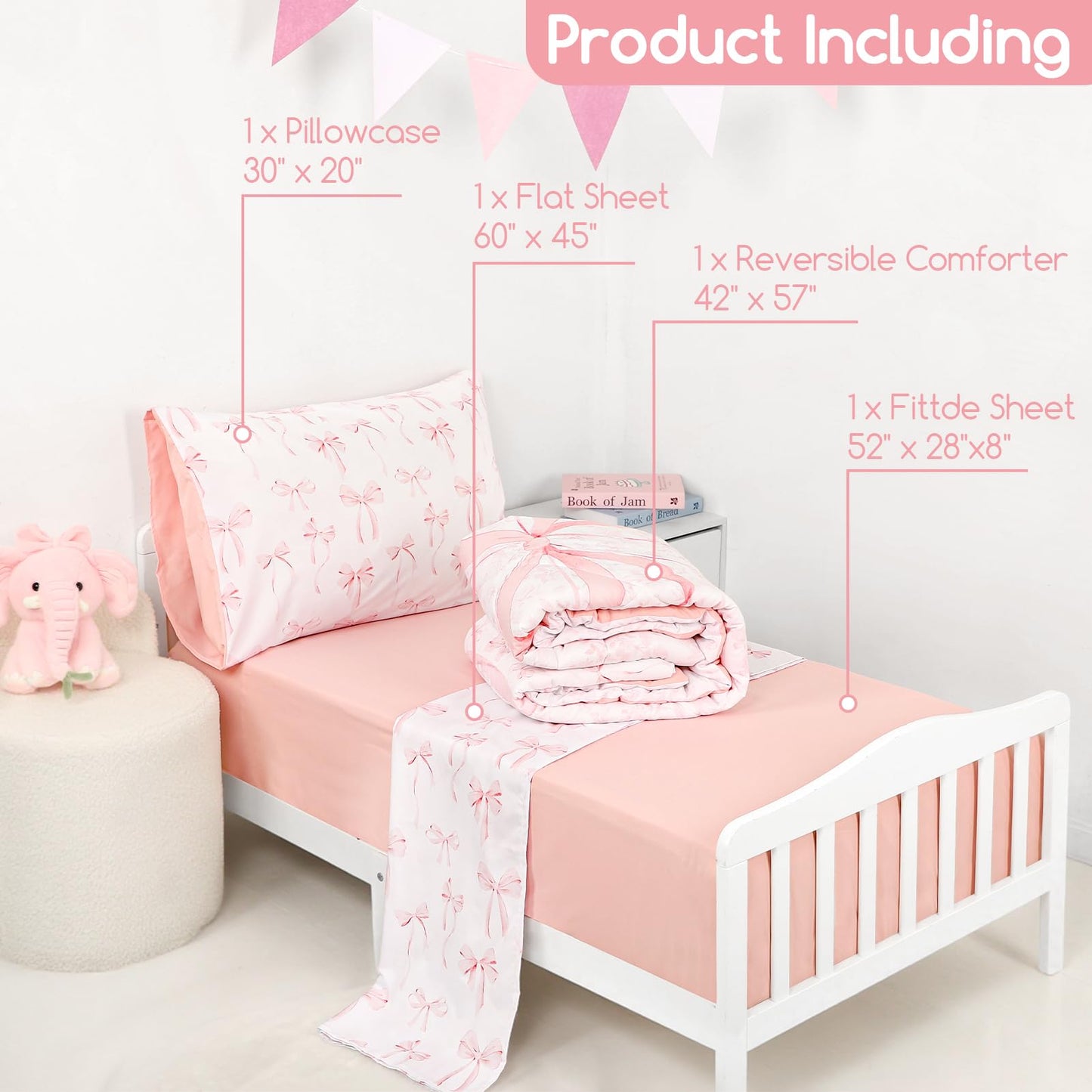 DAYEEBALL 4 Piece Toddler Bedding Set, Ultra Soft and Breathable Toddler Comforter Sets for GirlsIncludes Quilted Comforter, Fitted Sheet, Flat Sheet and Pillowcase, Pink Bow