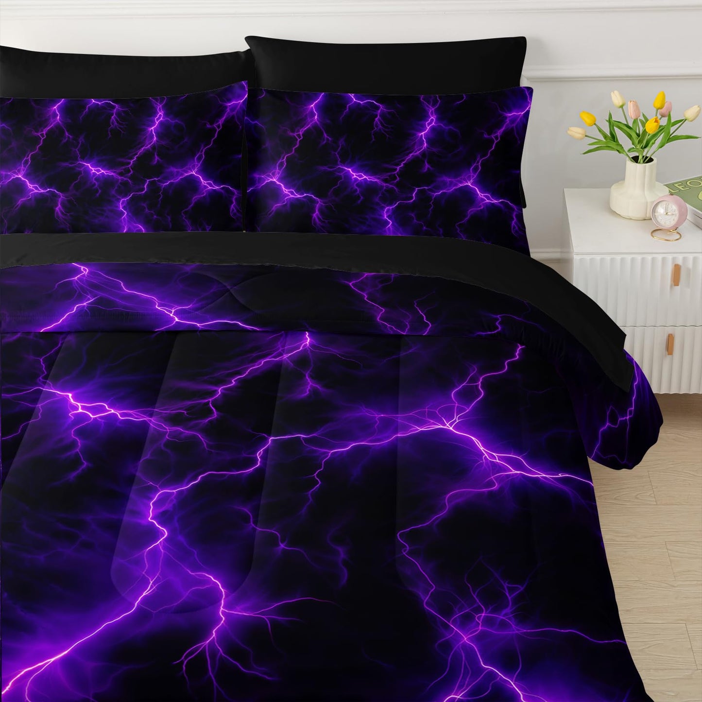 QOOMO Purple Lightning 7 Pieces Comforter Set Queen Size,Neon Lightning Bedding Set for Kids-Include 1 Comforter,1 Fitted Sheet,1 Flat Sheet,2 Printing Pillowcases and 2 Black Pillowcases