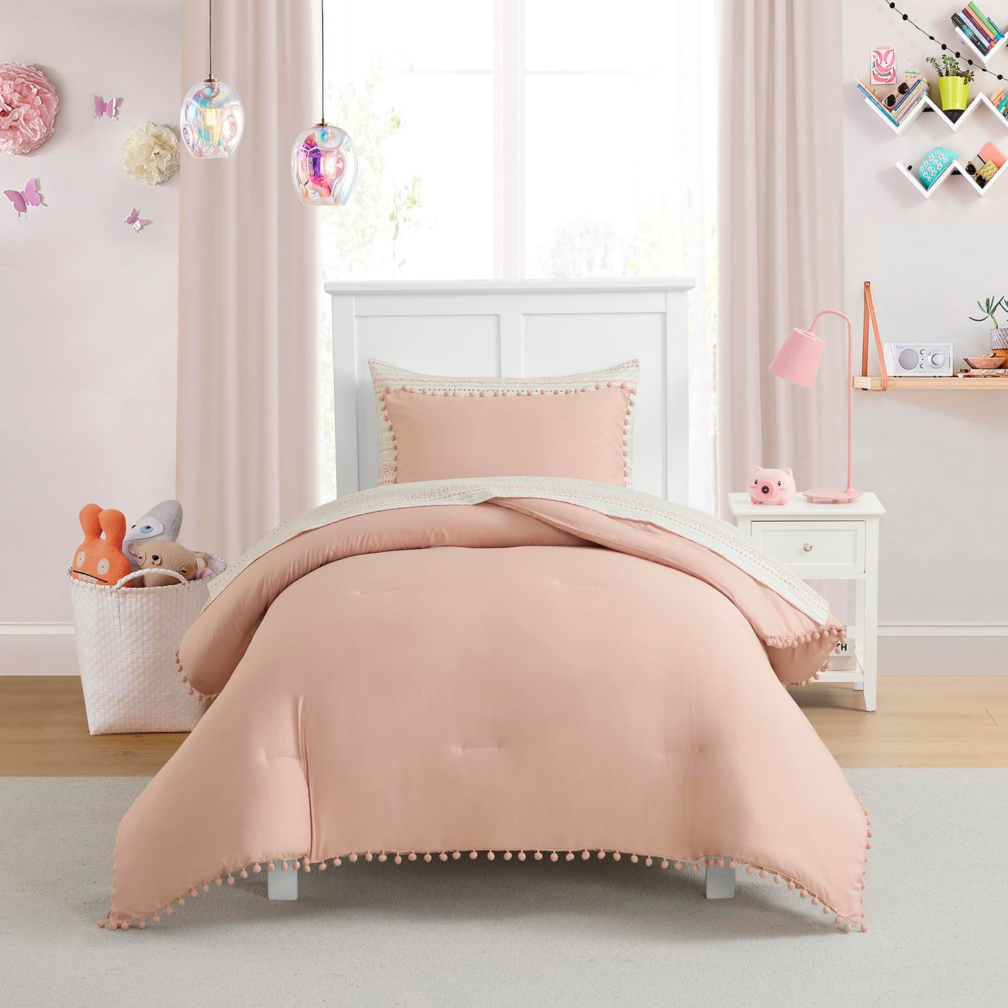 Kids Comforter Set Twin Size – Bed in a Bag with Sheets, Pillowcases & Shams – Soft Stylish Pom Pom Bedding – All Season Girls Bed Set
