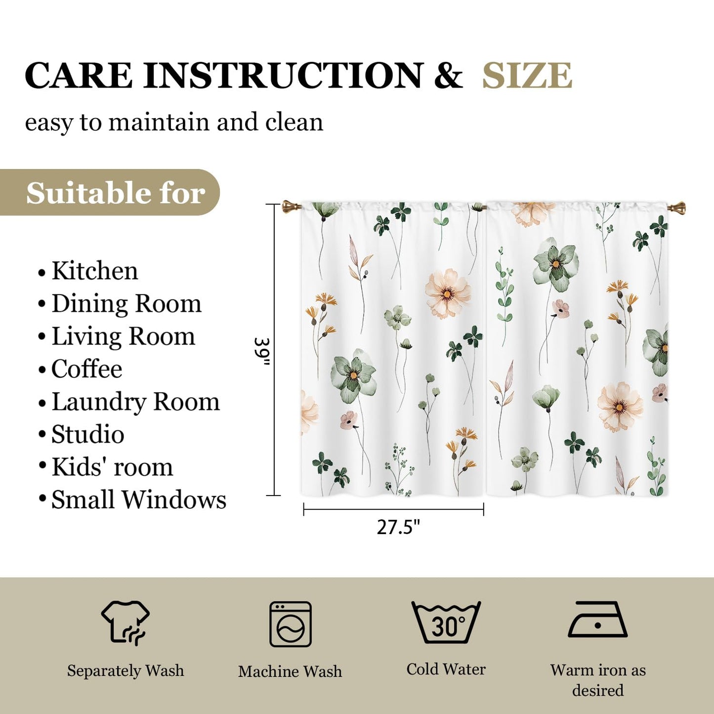 Cizuug Kitchen Curtains Boho Country Green Flower Small Short Small Short Cafe Tier Curtains Decor for Living Dining Room Bathroom RV Rod Pocket Window Drapes Treatment 2 Panels (27.5x39Inch)