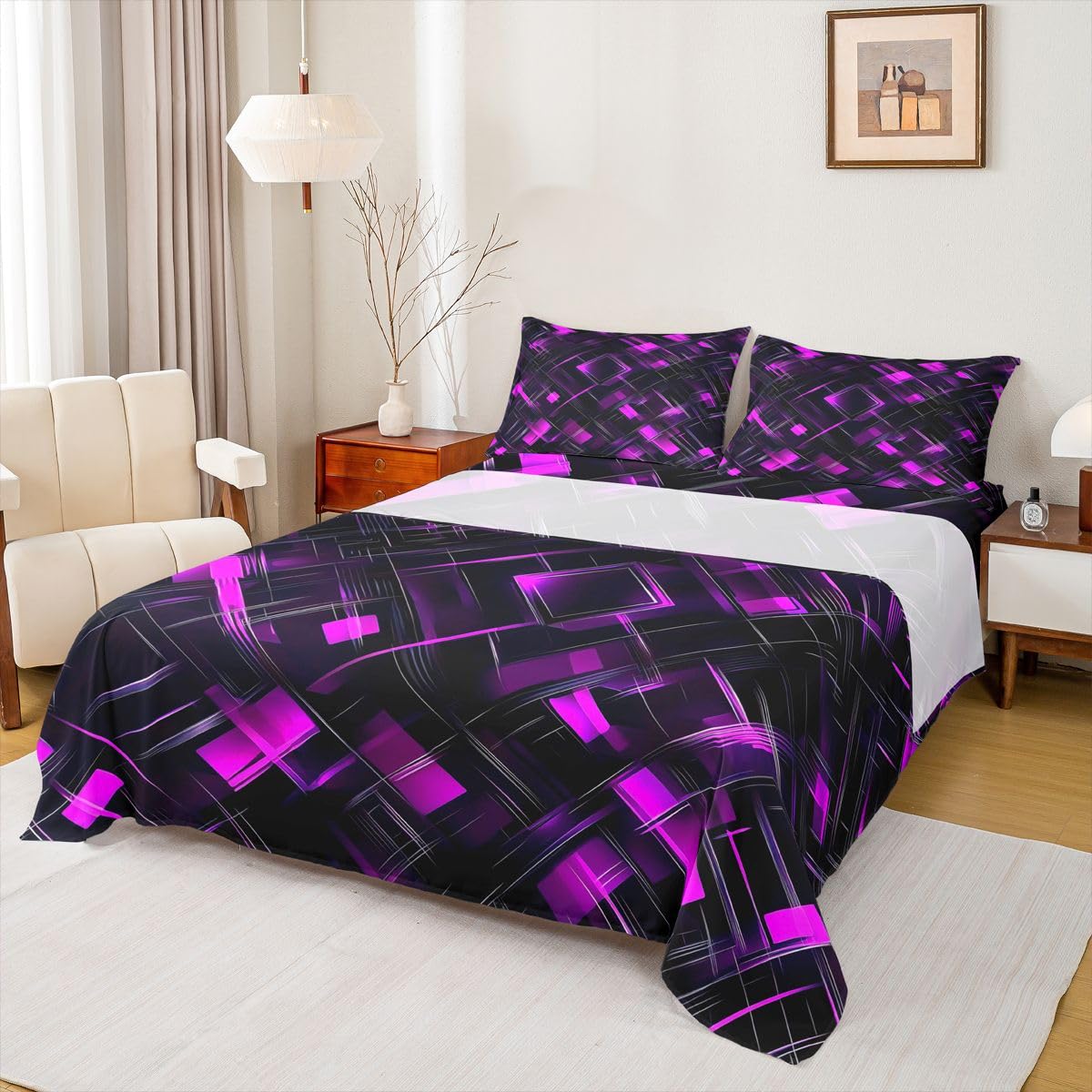 Feelyou Black Pink Bed Sheets Set Queen Size Geometric Checkered Bed Set for Kids Boys Girls Abstract Stereoscopic Grids Deep Pocket Fitted Sheet Breathable Soft Lightweight Microfiber