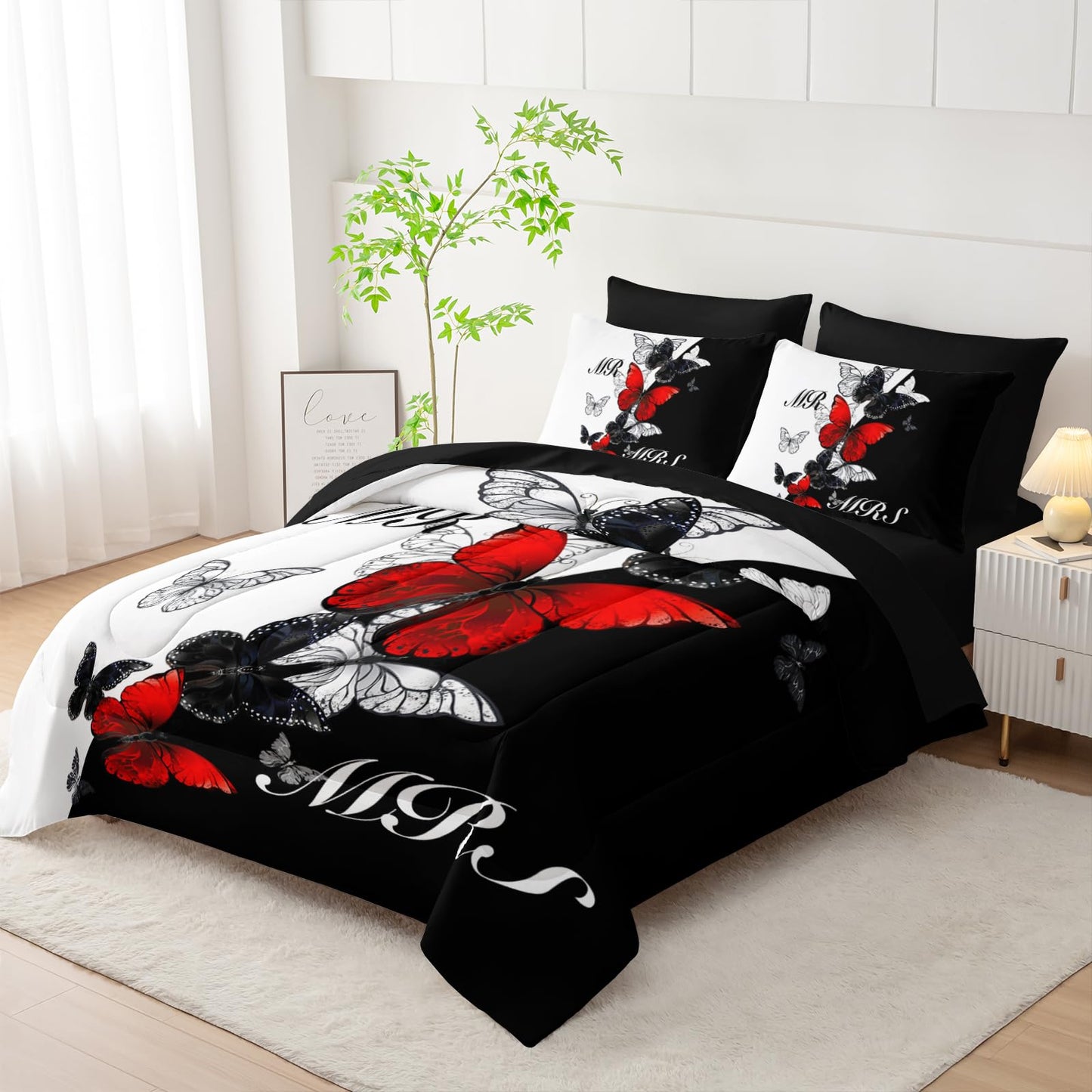 AILONEN Mr Mrs Black and White Comforter Set Queen - 7Pcs Soft Bed in a Bag -Red Black Butterfly Comforter,Fitted Sheet,Flat Sheet,2 Pillowcases,2 Pillow Shams for Room