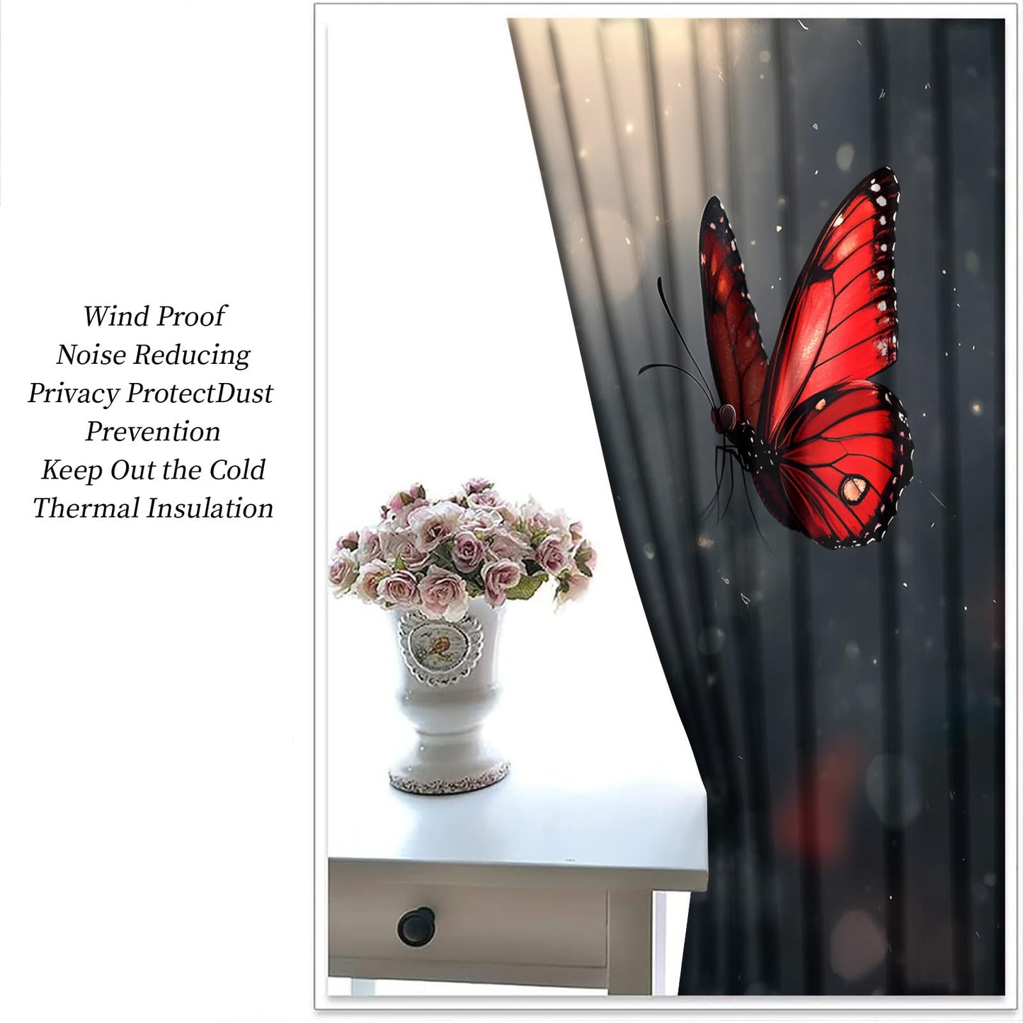 JAXIUOF Red Flowers Curtains 39 Inch Long 2 Panels Butterfly Rose Plants Blackout Curtains, Romantic Floral 3D Printed Drapes, Grommet Top Window Treatments for Bedroom Office Kitchen