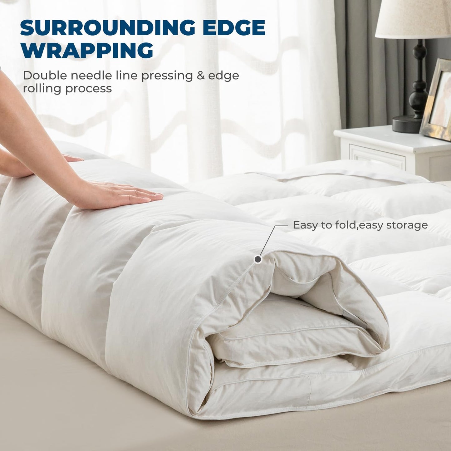 ROSE FEATHER Goose Down Feather Mattress Topper,Queen Down Mattress Protector Cover with Straps,Plush Soft Fluffy Baffled Pillowtop,Hypoallergenic Featherbed Cooling Pad All-Season Luxury(60x80 inch)