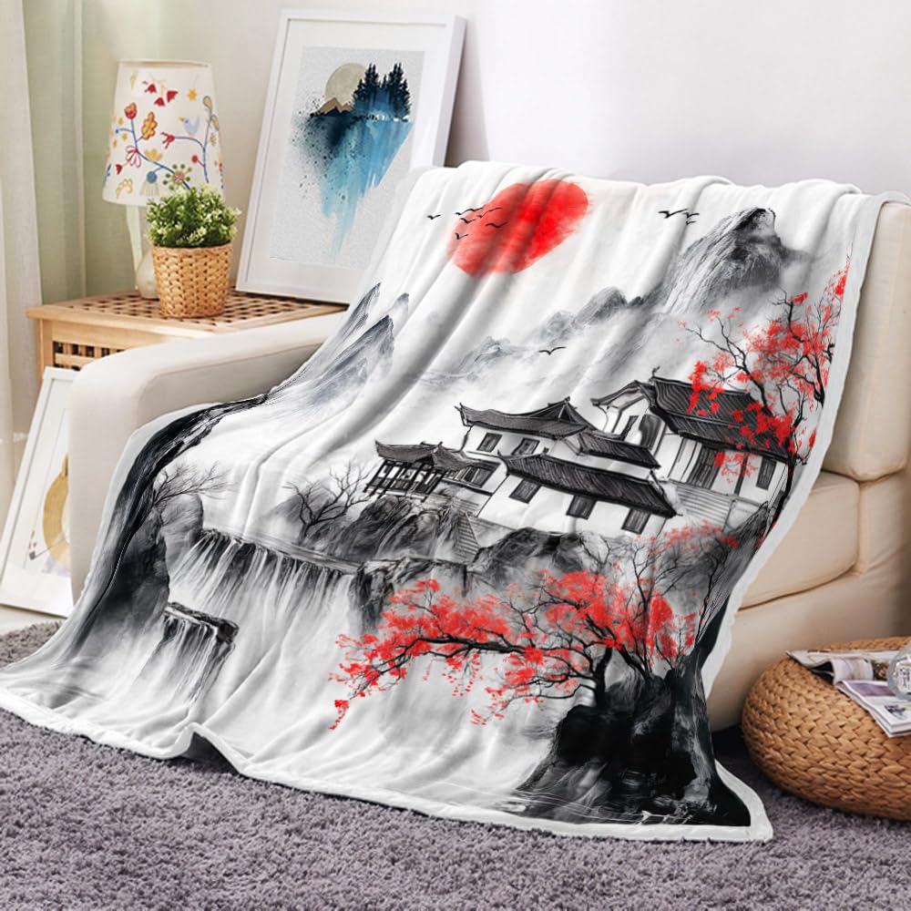 DYNH Japanese Cherry Blossom Blanket, Asian Nature Landscape Throw Blanket, Mountain Cherry Branches Red Sun Ink Painting Soft Warm Flannel Black White Grey Blanket,50X60