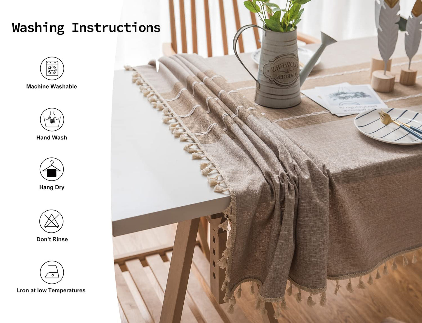 Linen Rectangle Table Cloth Waterproof Cotton Fabric Farmhouse Burlap Rustic Boho Coffee Tasseled Oblong Tablecloth for Party, Camping, Picnic, Kitchen and Dining Room Table Decor,55" x 86", 6-8 Seats