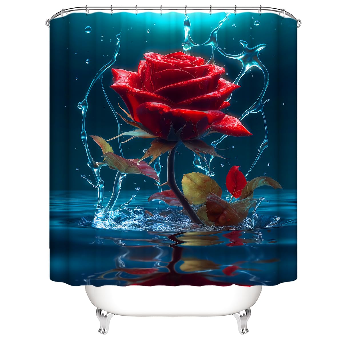 Jirown Red Rose Shower Curtain Sets 4 Pcs,Non-SlipRugs Bath Mat Toilet Cover U Shaped Mat Black Red Shower Curtain with 12 Hooks,Durable Bathroom Decor Set