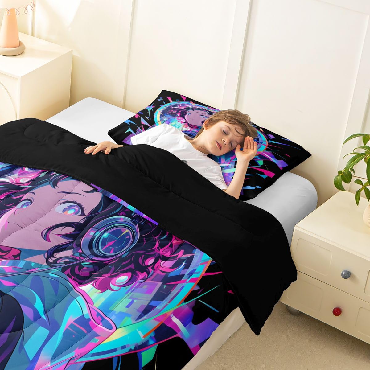 Erosebridal 3D Anime Girl Bedding Comforter Sets American Street Culture Comforter Set Twin for Teens Youth Girls Watercolor Graffiti Style Bedding Galaxy Stars Print Duvet Set with 1 Pillow Case