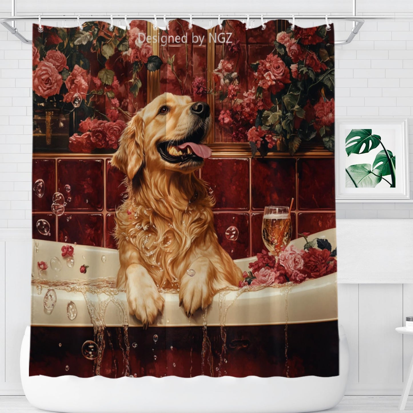 NGZ Funny Golden Retriever Shower Curtain, SPA Golden Retriever with Wine, Red Shower Curtain, 72x72 Inches Floral Shower Curtains for Bathroom, Bath Curtains Set with 12 Hooks