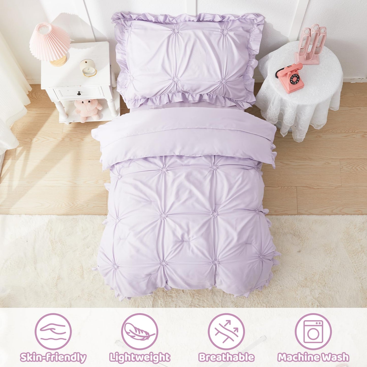 Wowelife Princess Toddler Bedding Set for Girls, 4 Piece Ruffles Jacquard Embroidery Toddler Bed Sheets with Boho Toddler Comforter, Fitted Sheet, Flat Sheet and Pillowcase, Purple