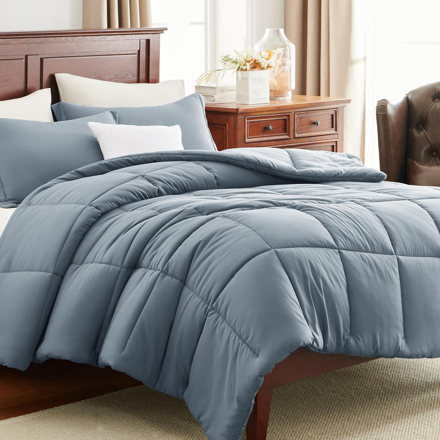 CozyLux Queen Comforter Set - 270GSM Grayish Blue Bedding Sets for All Seasons, 3 Pieces Box Stitched Bed Set with 1 Down Alternative Comforter and 2 Pillow Shams, Soft, Lightweight, Breathable