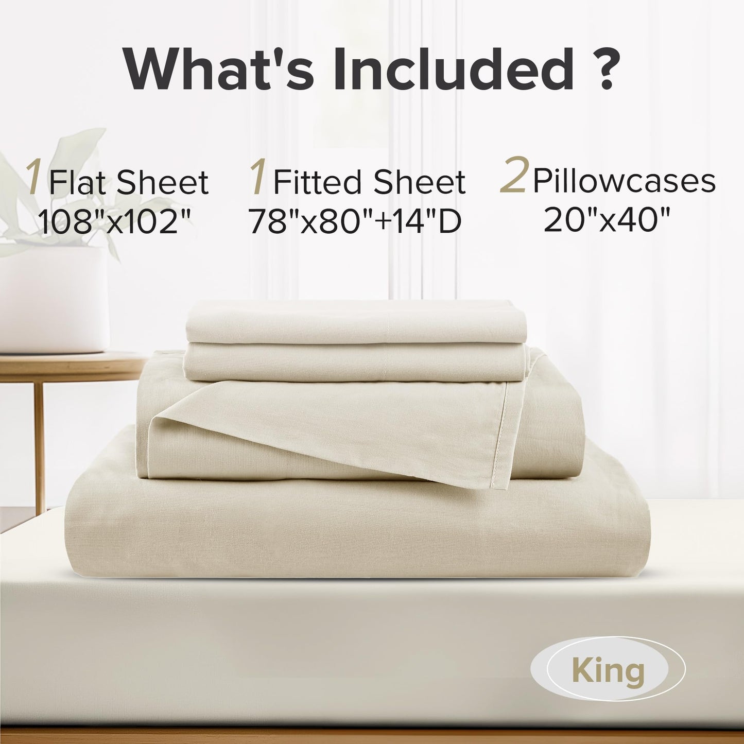 Comfort Spaces 100% Cotton Sheets King, Breathable & Ultra Soft Cotton Sheets, Naturally Cool Cotton Bed Sheets with 14" Elastic Pocket Fits up to 16" Mattress, All Seasons Sheet Set, Cream 4 Piece