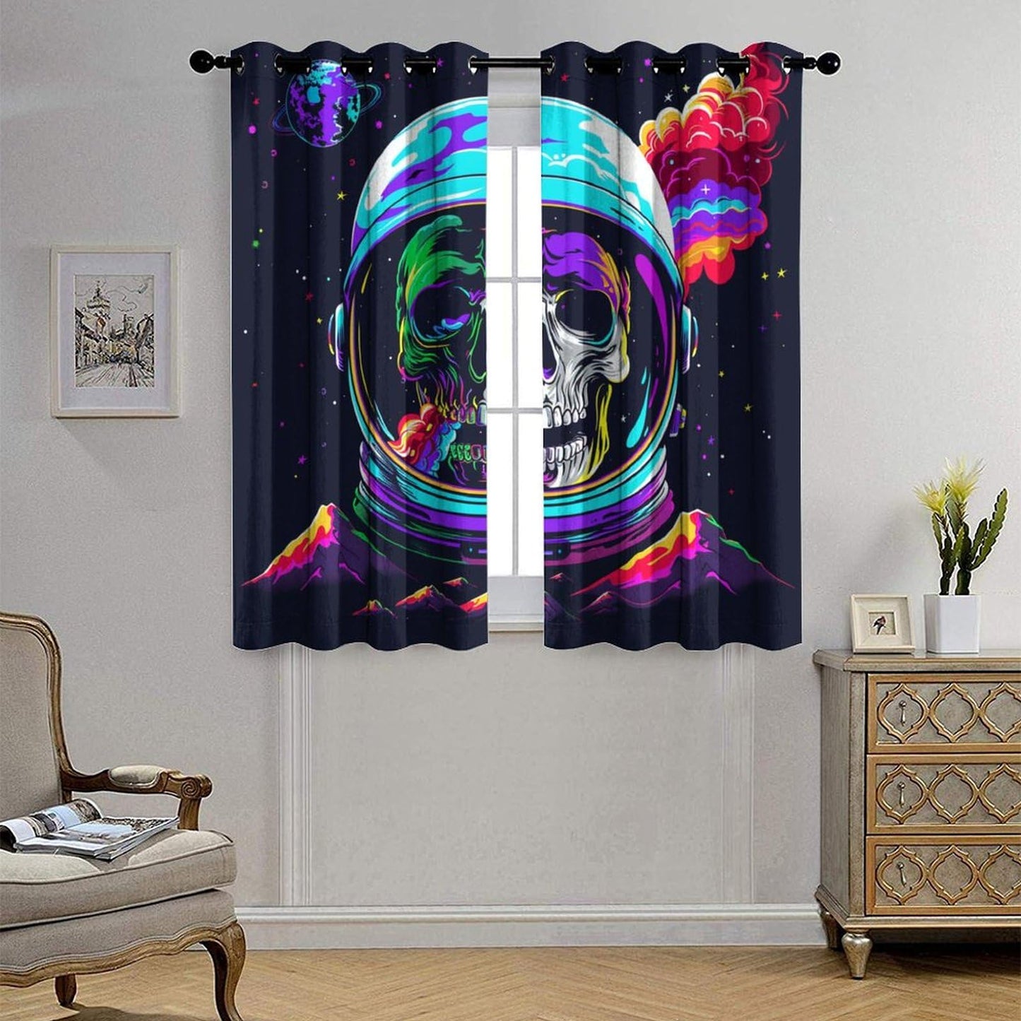 HDESDIS Abstract Gothic Skeleton Curtains for Bedroom, Skull Space Star Astronaut Grommet Blackout Curtains Thermal Insulated Window Drapes for Living Room, 21W x 45L, 2 Panels