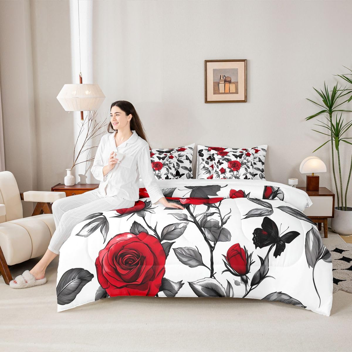 Erosebridal Red Roses Love Full Bedding Set - Romance Hearts Bed in A Bag,Romantic Gifts Comforter Sets with Sheets, Valentines Day 7 Pieces Bed Set Bedroom Decor