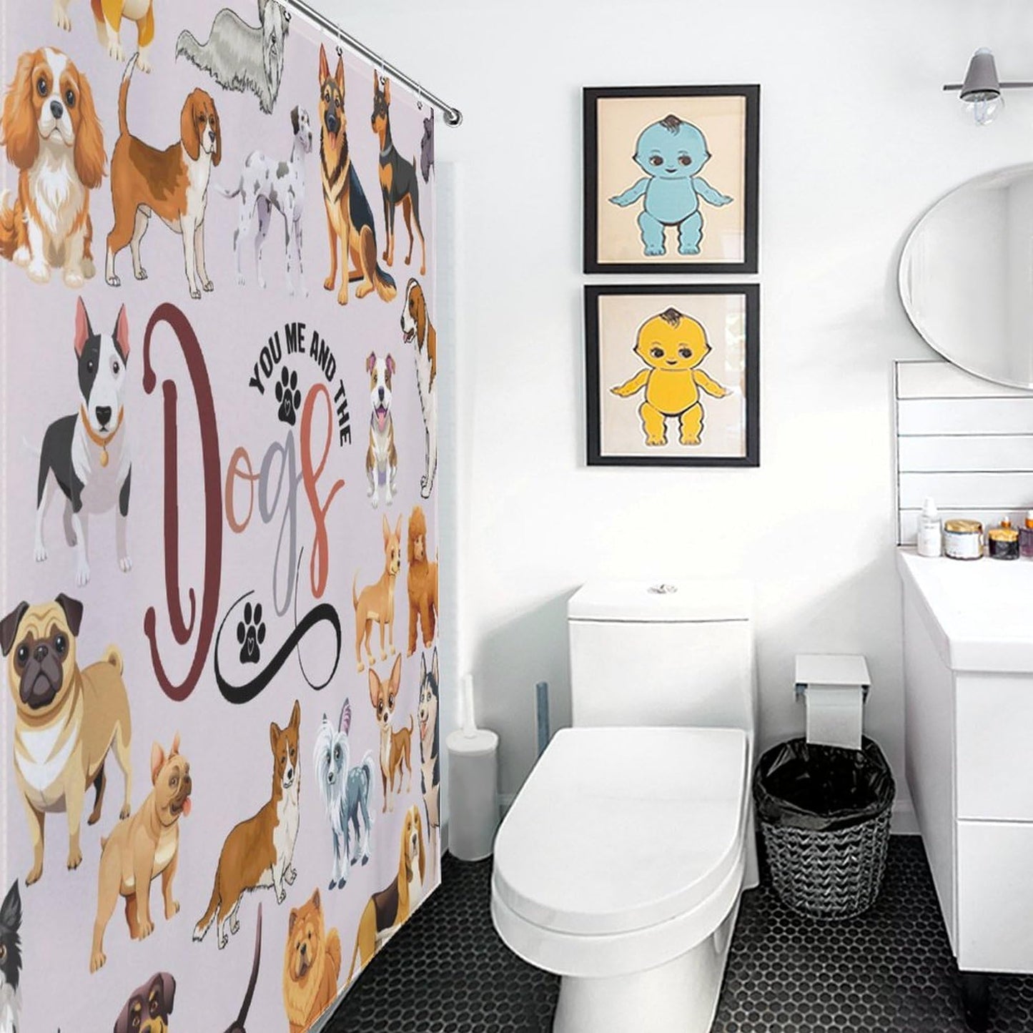 TKUYO Cute Dog Shower Curtain, Funny Animals Multi Puppy Dog Lovers Kawaii Cute Pets Colorful Carton Kids Girls Boys Waterproof Fabric Bathroom Shower Curtain Set with Hooks, 72"x72" Inch