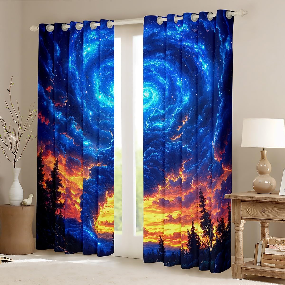 Erosebridal Teal Blue Tornado Window Curtains Drapes 38" Wx45 L,Nebula Tornados Curtains for Kids Teens Adults,Natural Disaster for Storm Chaser