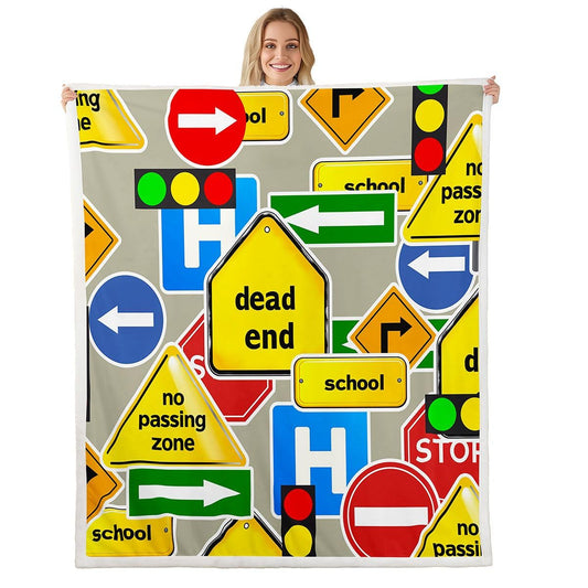 Feelyou Car Fleece Sherpa Blanket - Cartoon Road Sign Throw for Bed, Sofa, Couch - Kids Vehicle Theme - Ultra Soft Colorful Signpost Fuzzy Plush Blanket - Room Decor - 50"x60"