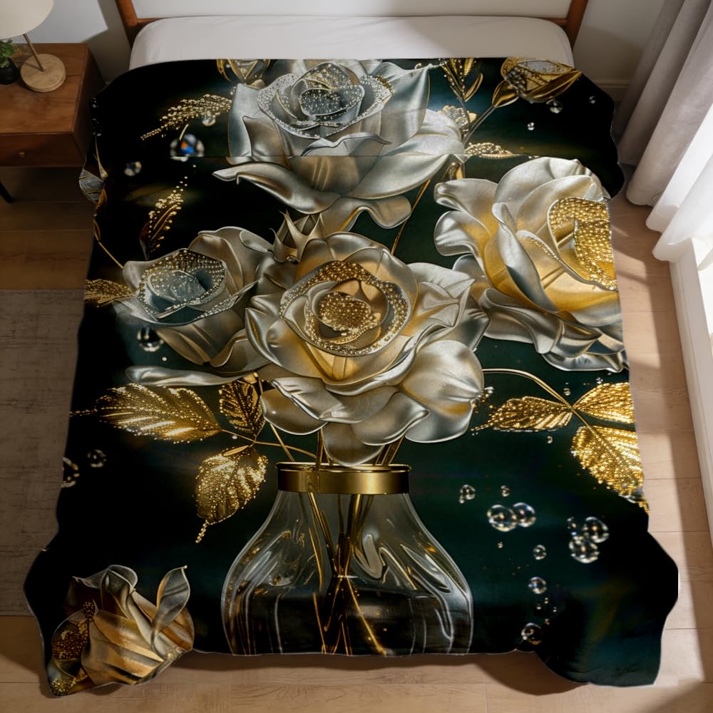 ZHOUSHUTONG Gold Silver Rose Floral Flannel Throw Blanket, Soft Cozy Warm Plush Blankets for Couch Bed Sofa, Elegant Flower Print Decorative Blanket, Gift for Women Girls 49"x59"
