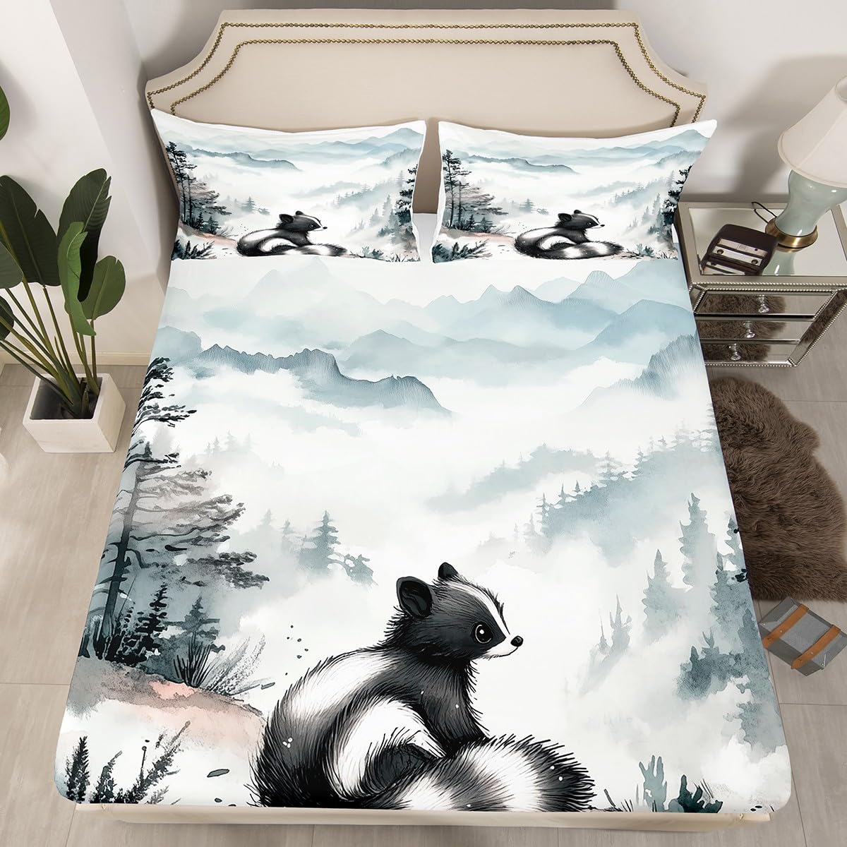 Erosebridal Skunk Bed Sheets for Kids, Cute Wild Animals Bedding Set Queen Size Smoky Mountain Fitted Sheet for Boys Girls Teens Adult Women Bedroom Decor, Farmhouse Wildlife Sheets
