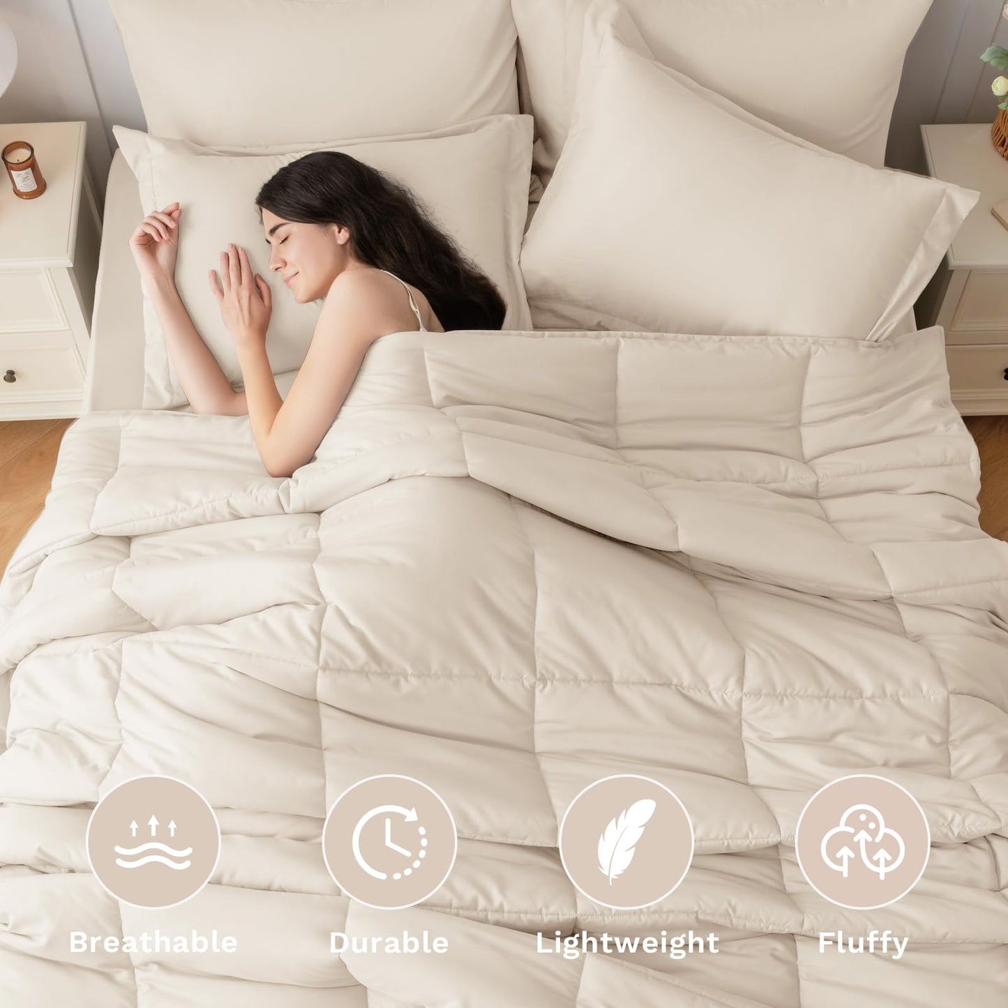 JOLLYVOGUE Queen Comforter Set, Ultra-Soft Bed in a Bag Queen Size 7 Pieces, Oeko-TEX Certified Bedding Set with Down Alternative Comforter, Sheets, Pillowcases & Shams, Beige