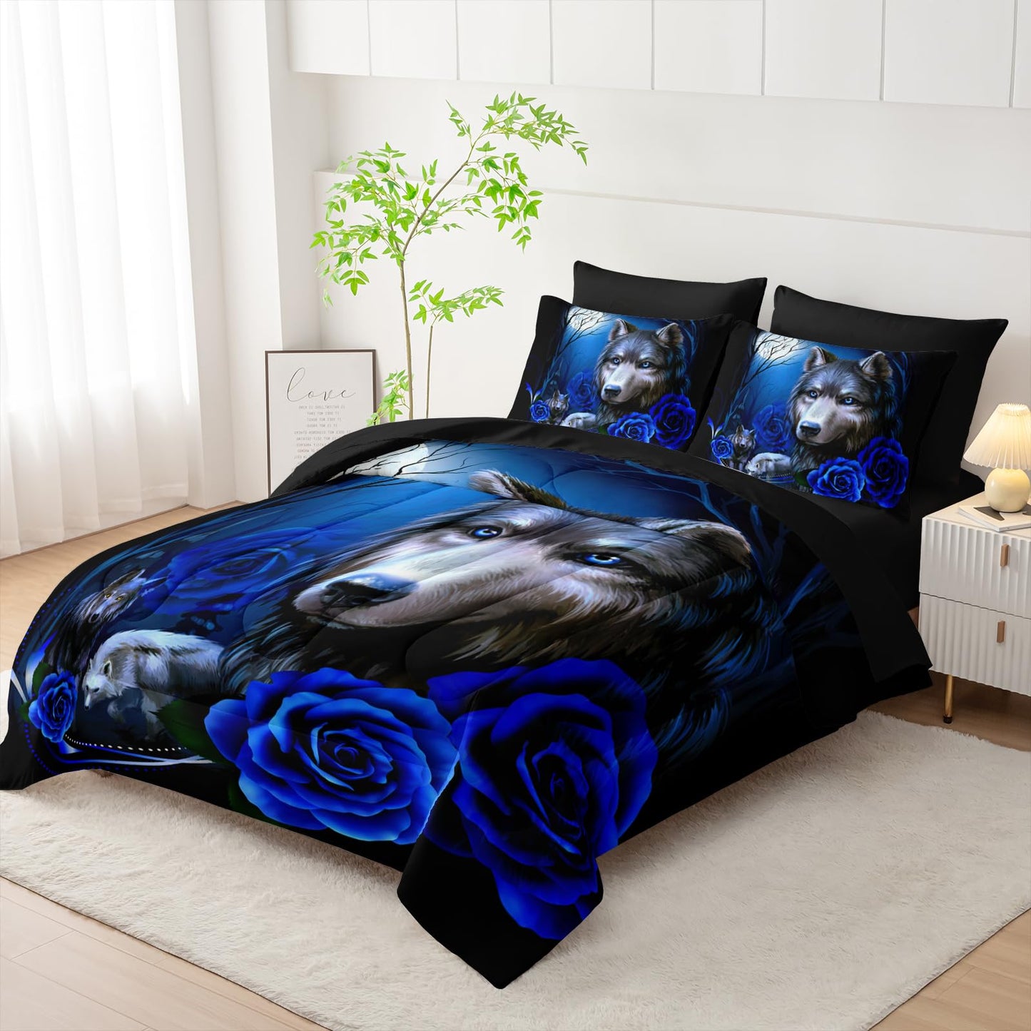 Tuzaovy Wolf Comforter Set 7 Piece Twin Size Bed in A Bag,Animal Bedding for Room Decor,Soft Wolf Comforter Blue Rose Bedding with Fitted Sheet,Flat Sheet, Pillowcases & Shams
